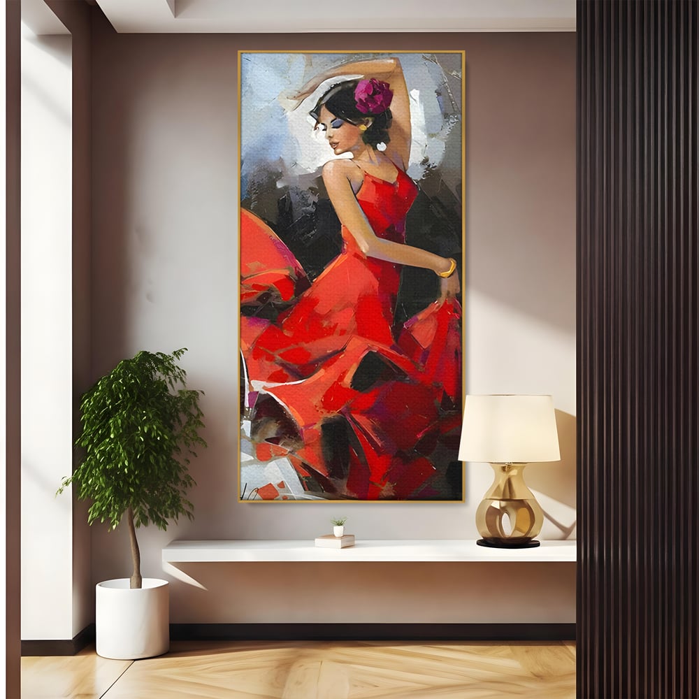 Tablou canvas cu tablou canvas cu dansatoare in rochie rosie, in rama de aluminiu auriu